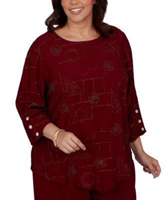 Plus Size Union Square 3/4-Sleeve Floral Soutache Detailing Blouse
