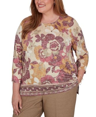 Plus Size Floral-Print Geometric-Border 3/4-Sleeve Top