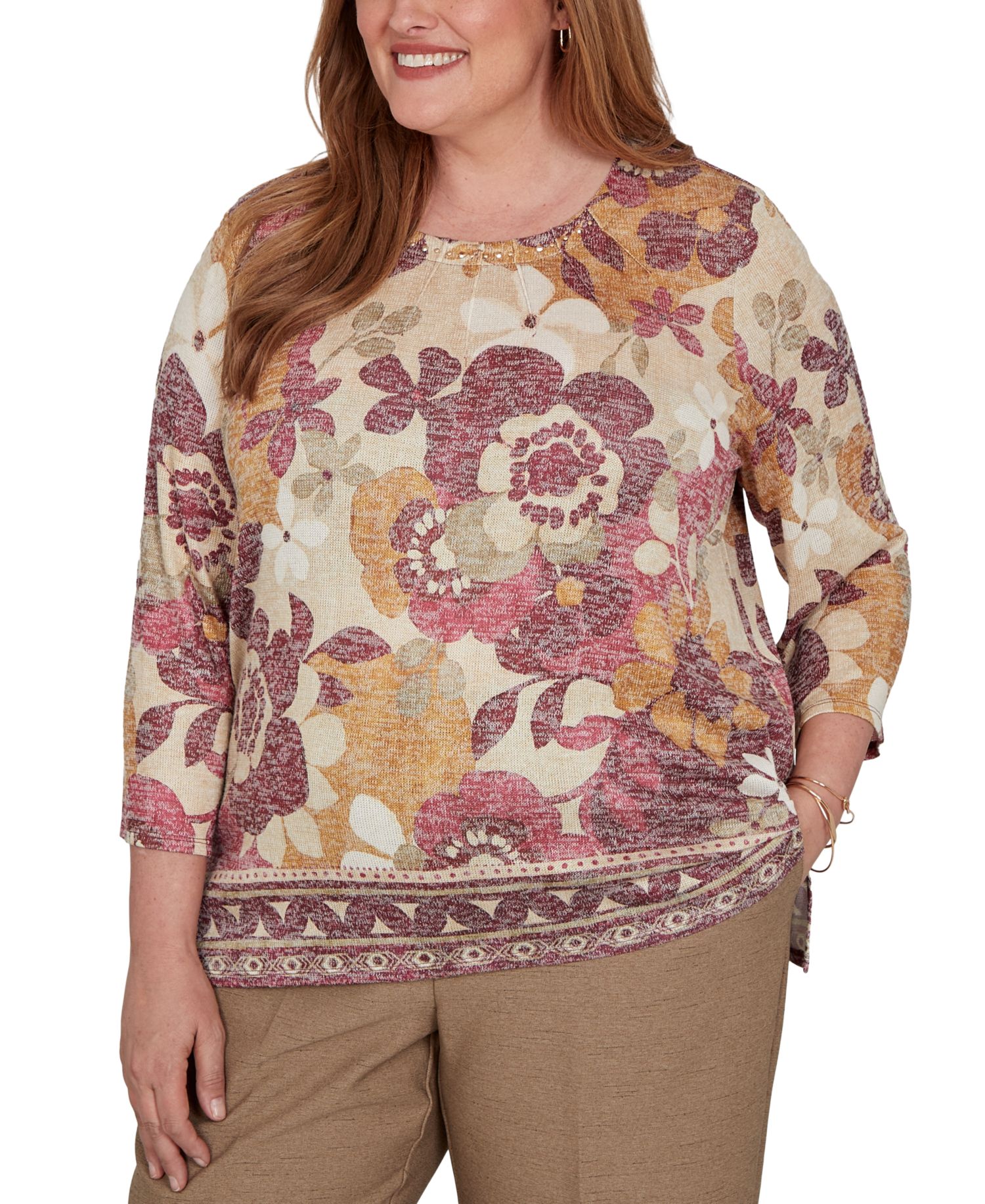 Plus Size Floral-Print Geometric-Border 3/4-Sleeve Top