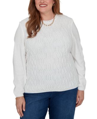 Plus Size Cable-Knit Chenille Crewneck Long-Sleeve Pullover Sweater