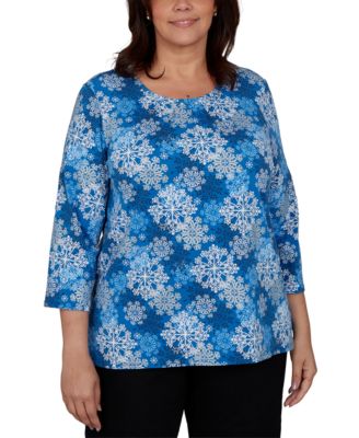 Plus Size Snowflake-Print 3/4-Sleeve Knit Top