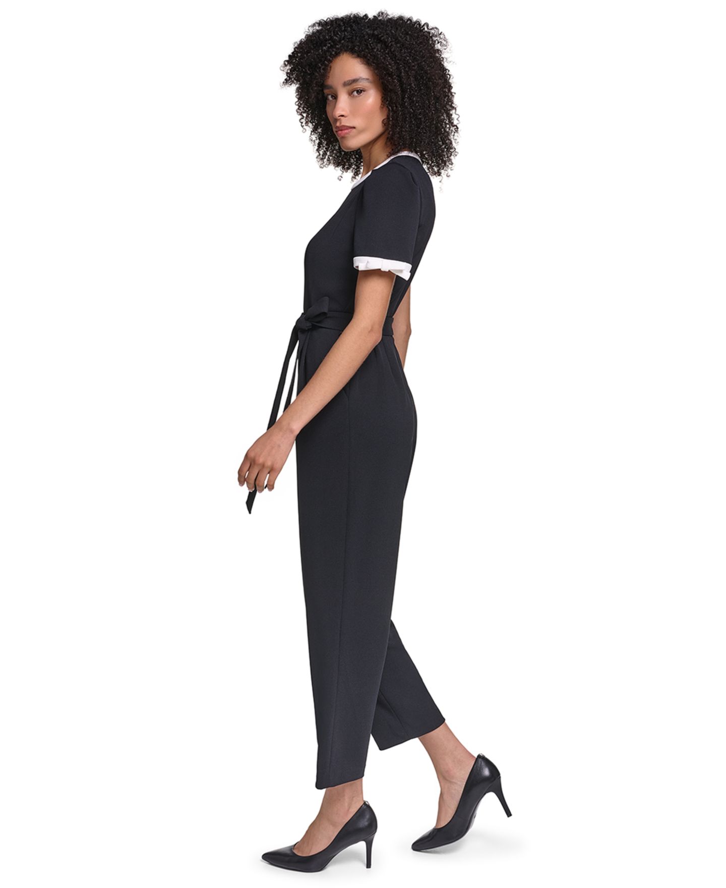 Женский комбинезон KARL LAGERFELD PARIS Scuba Crepe Jumpsuit Self Tie And Contrast Collar And Sleeve Trim, цвет: Чёрный / Мягкий белый — фото 2