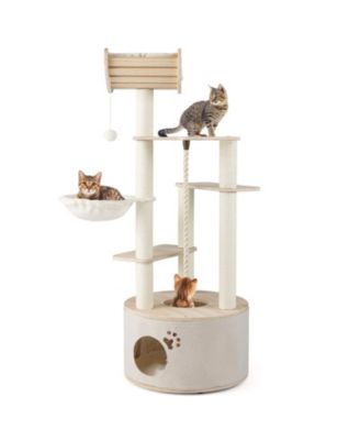 55 Inch Wooden Cat Tree with Arched Perch Condo Cozy Basket and Hammock
