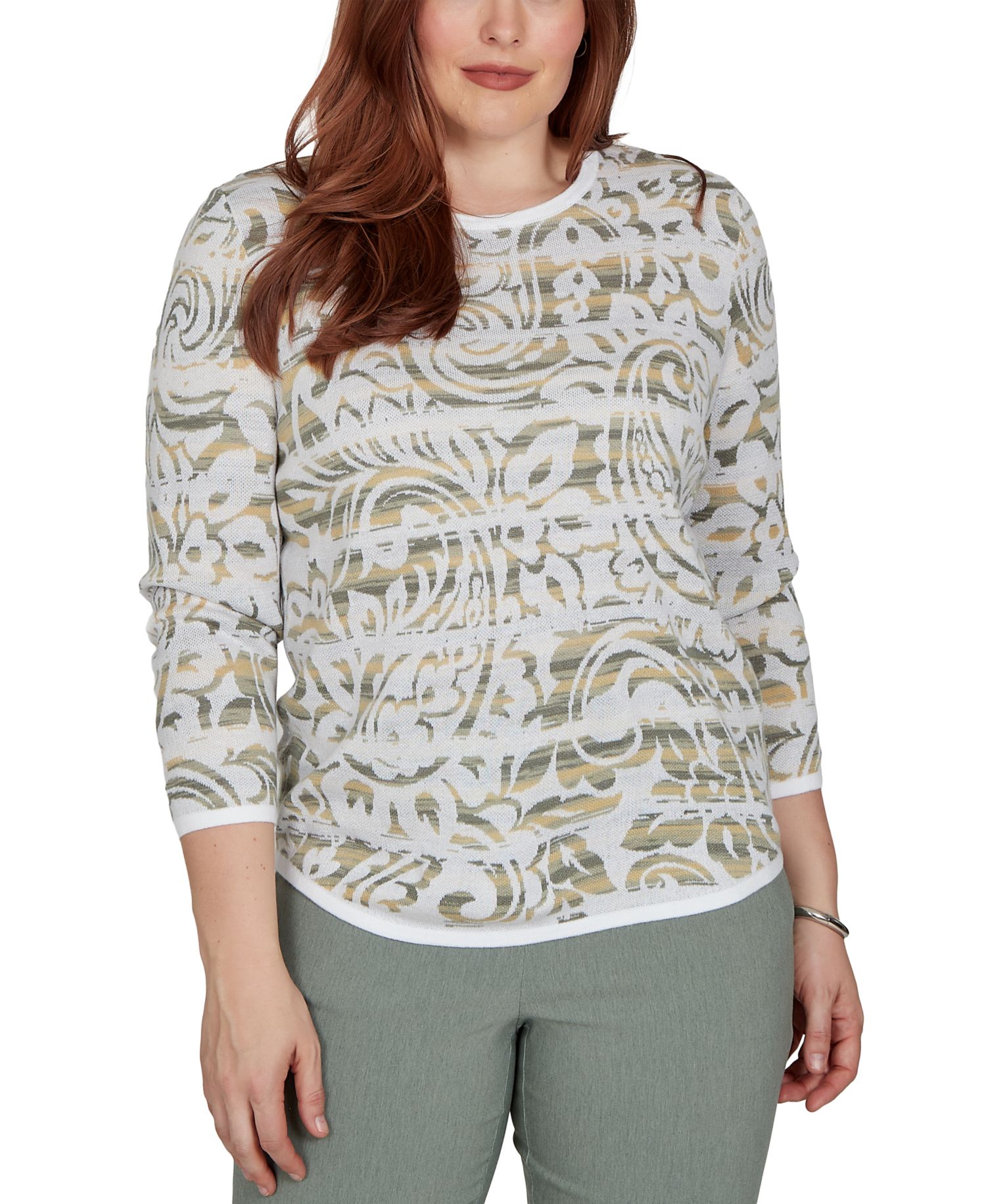 Petite Provence Crewneck 3/4-Sleeve Paisley-Stripe Sweater