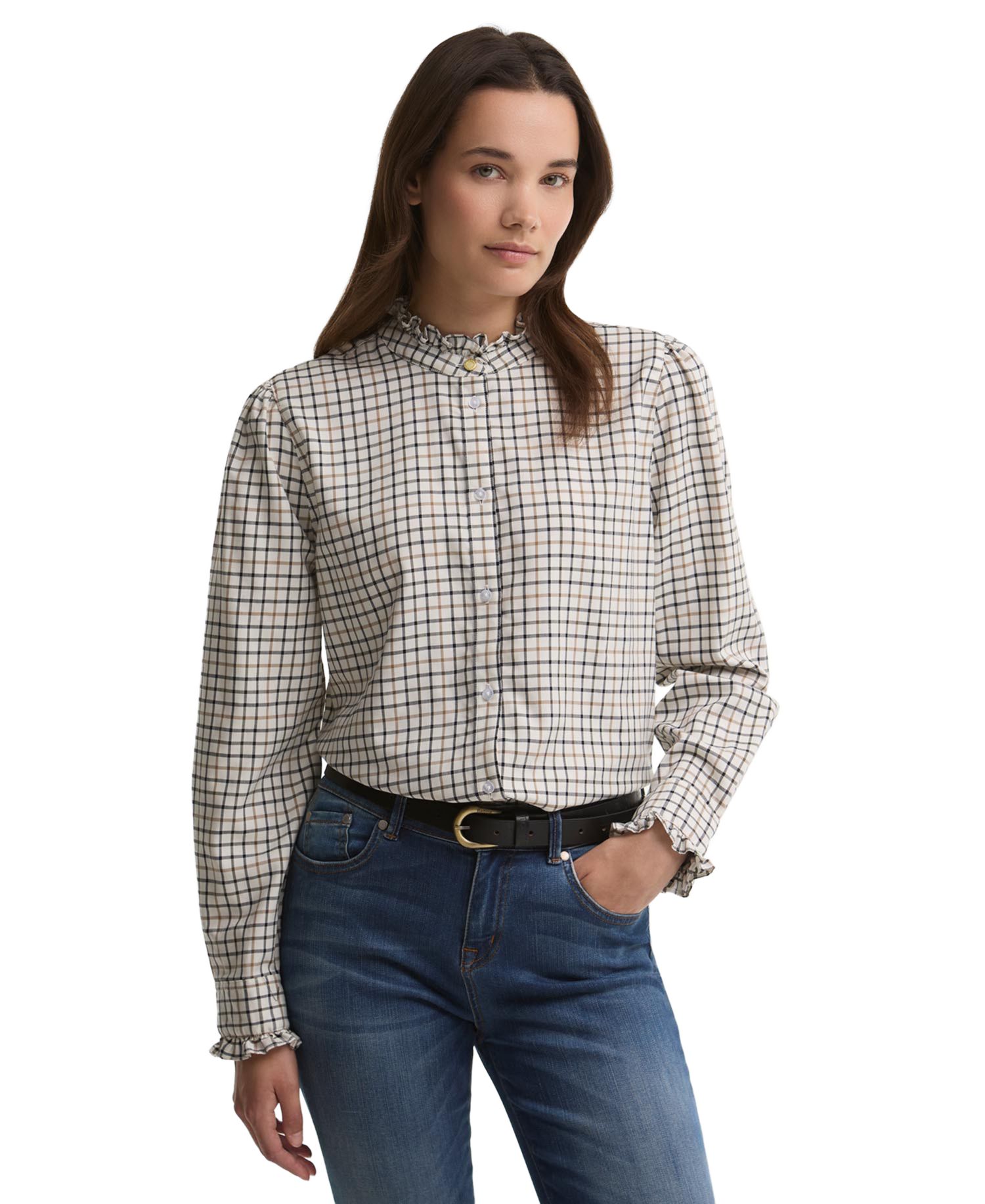 Women's Fareham Plaid Ruffle-Neck Lyocell-Blend Shirt