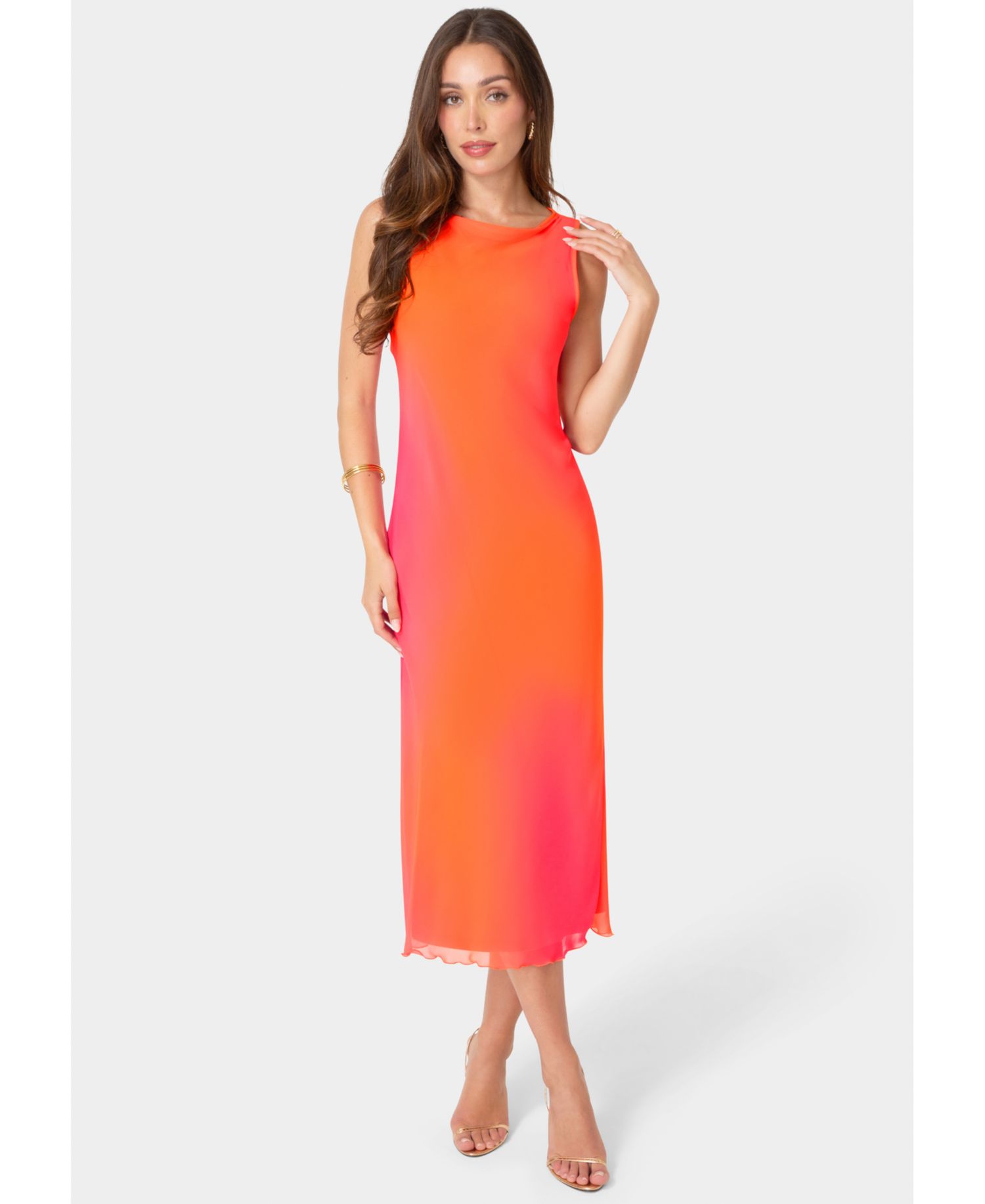 Women's Smudge Chiffon Gradient-Pattern Racer Neck Wedding Guest Maxi Dress