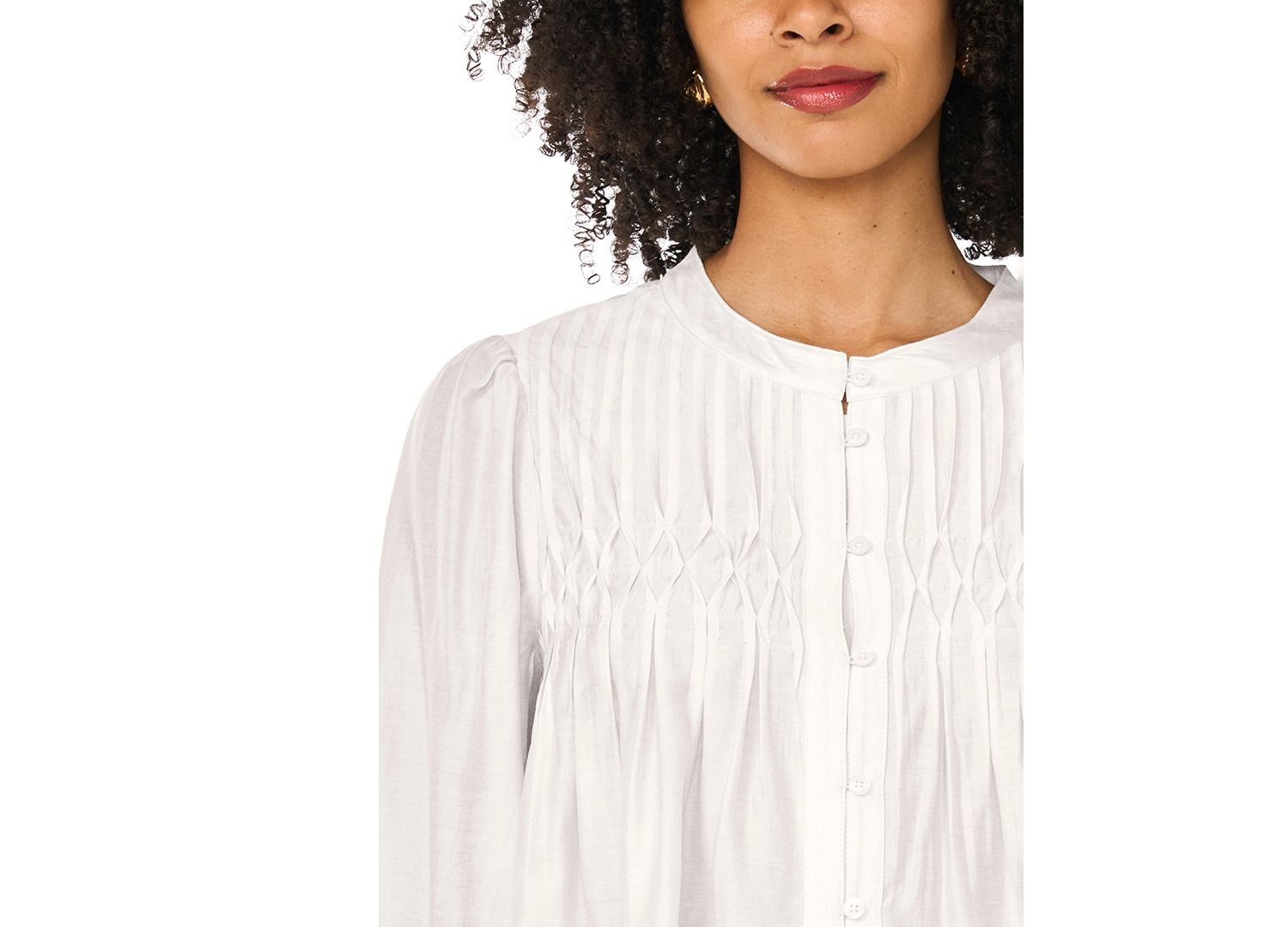 Women's Button-Front Long-Sleeve Crewneck Blouse