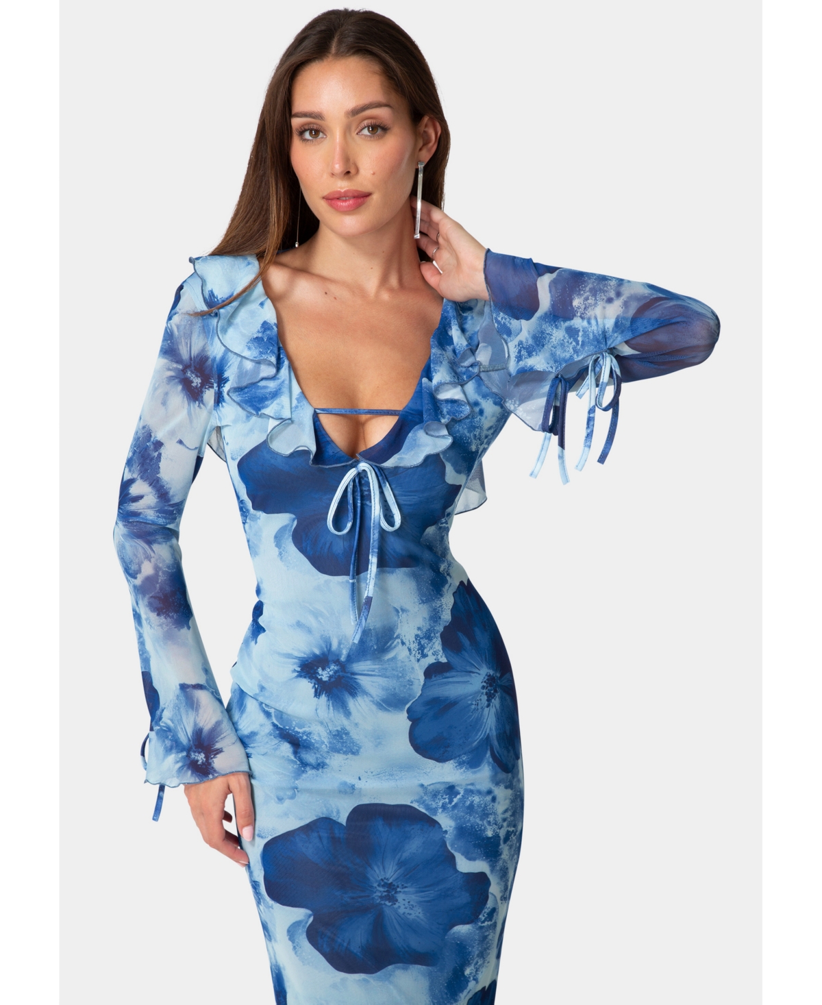 Bebe Women's Long-Sleeve Floral-Print Ruffle-Neck Maxi Dress
