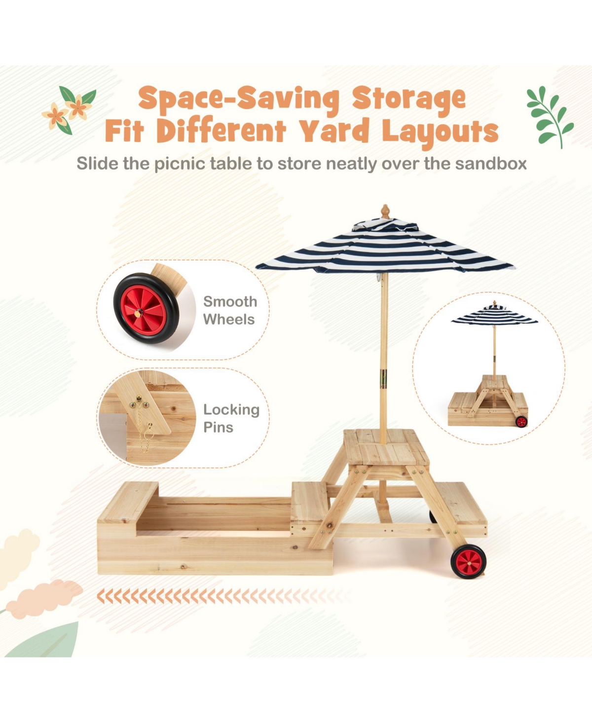 Gymax 3-in-1 Wooden Sandbox With Foldable Umbrella Convertible Picnic Table Benches