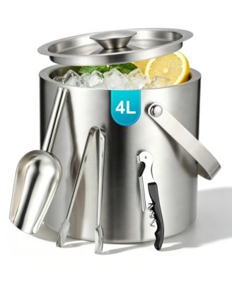 Double Wall Stainless Steel Ice Bucket Set With Lid Scoop Tongs Bottle Opener