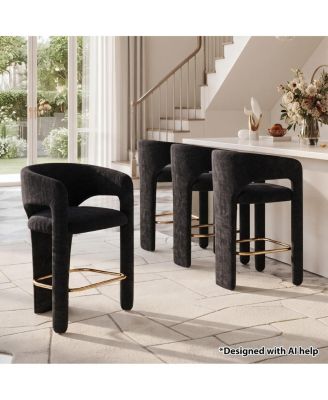 Counter Height Upholstered Bar Stools Set of 4, Chenille Fabric, Curved Barrel Back, Breakfast Bar Chairs