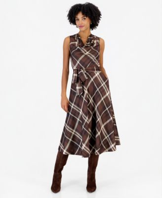 Women's Drape Neck Plaid Midi A-Line Dress