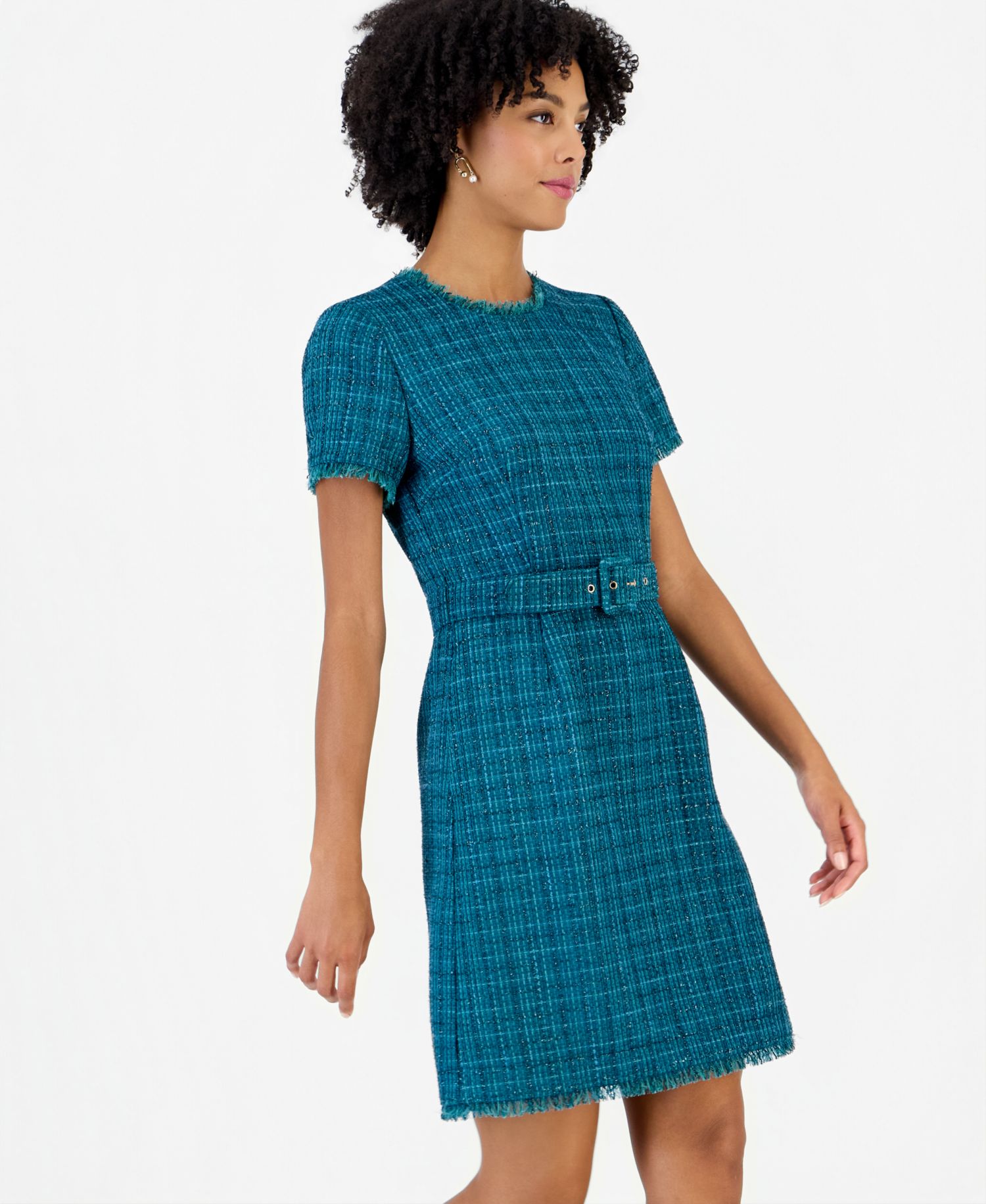 Women's Plaid Short-Sleeve Belted Dress
