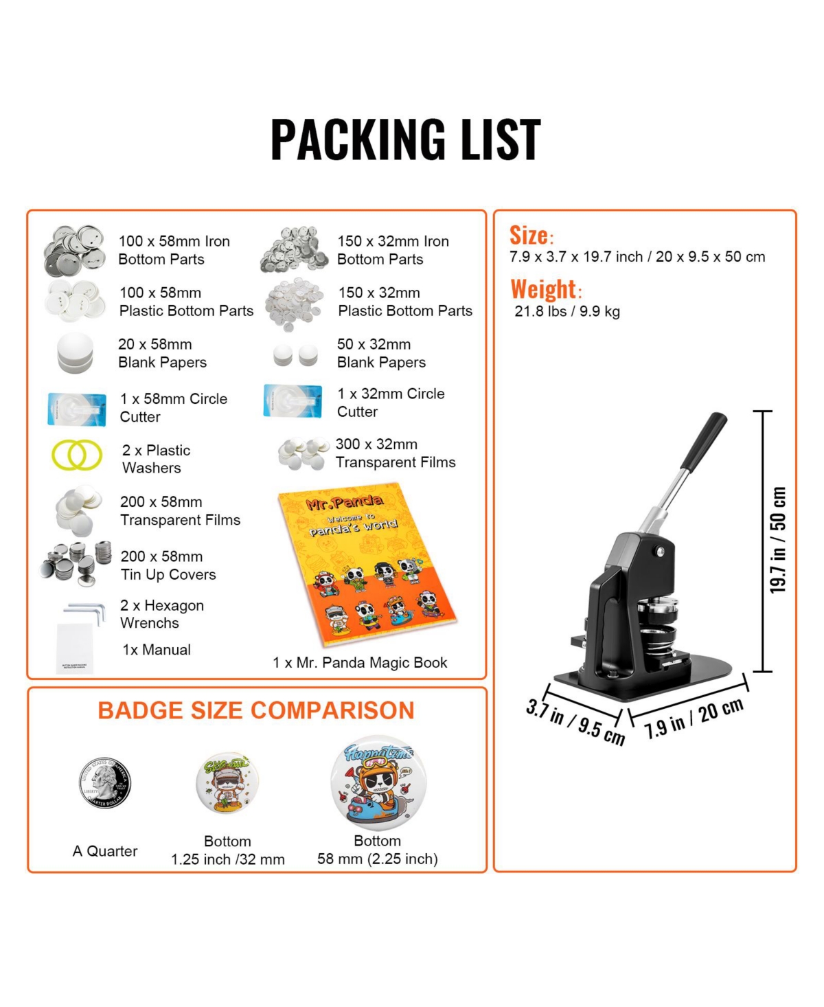 Sevorley 2-in-1 Button Maker Machine, 1.25 and 2.25 Inch Badge Press Kit with 500 Parts and Magic Book