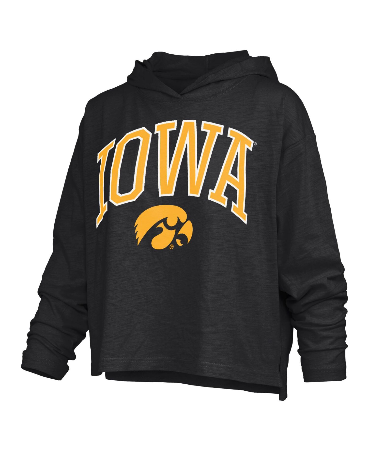 Women's Black Iowa Hawkeyes Nelson Arch Over Logo Long Sleeve Hooded Slub T-Shirt