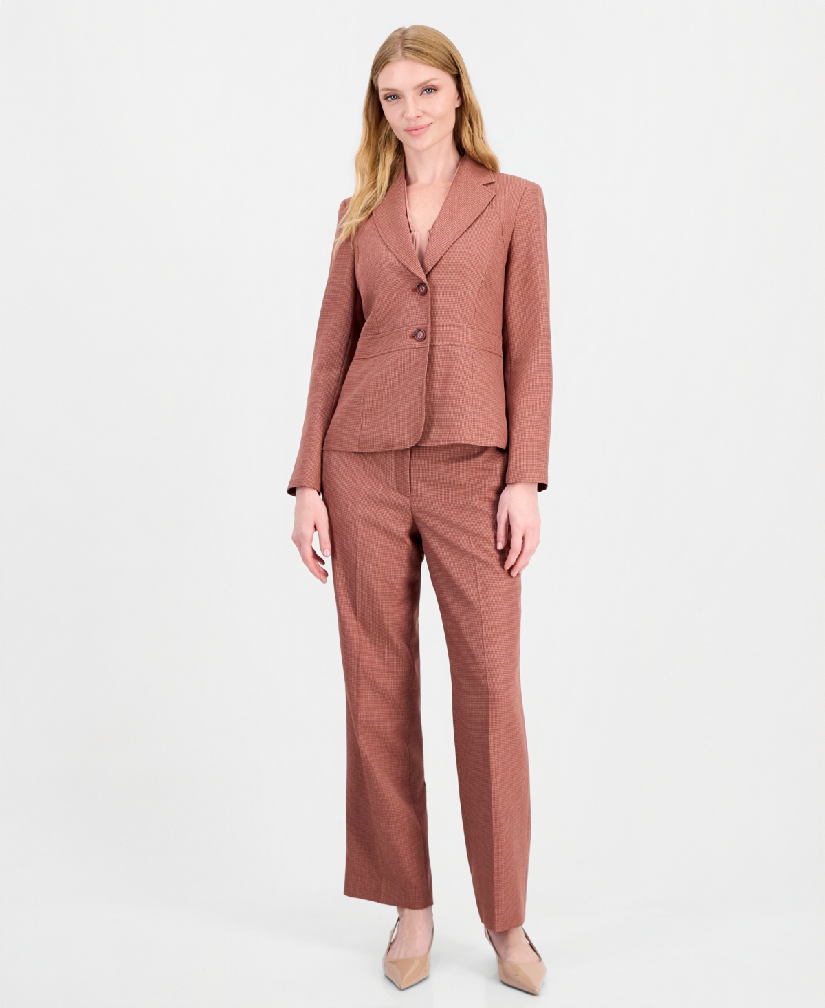 Le Suit Women's Houndstooth Wide-leg Classic Fit Jacket And Pants, 2-piece Suit In Ginger Multi