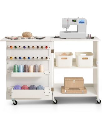 Folding Sewing Machine Table with Storage Shelves, Wheels and Magnetic Doors