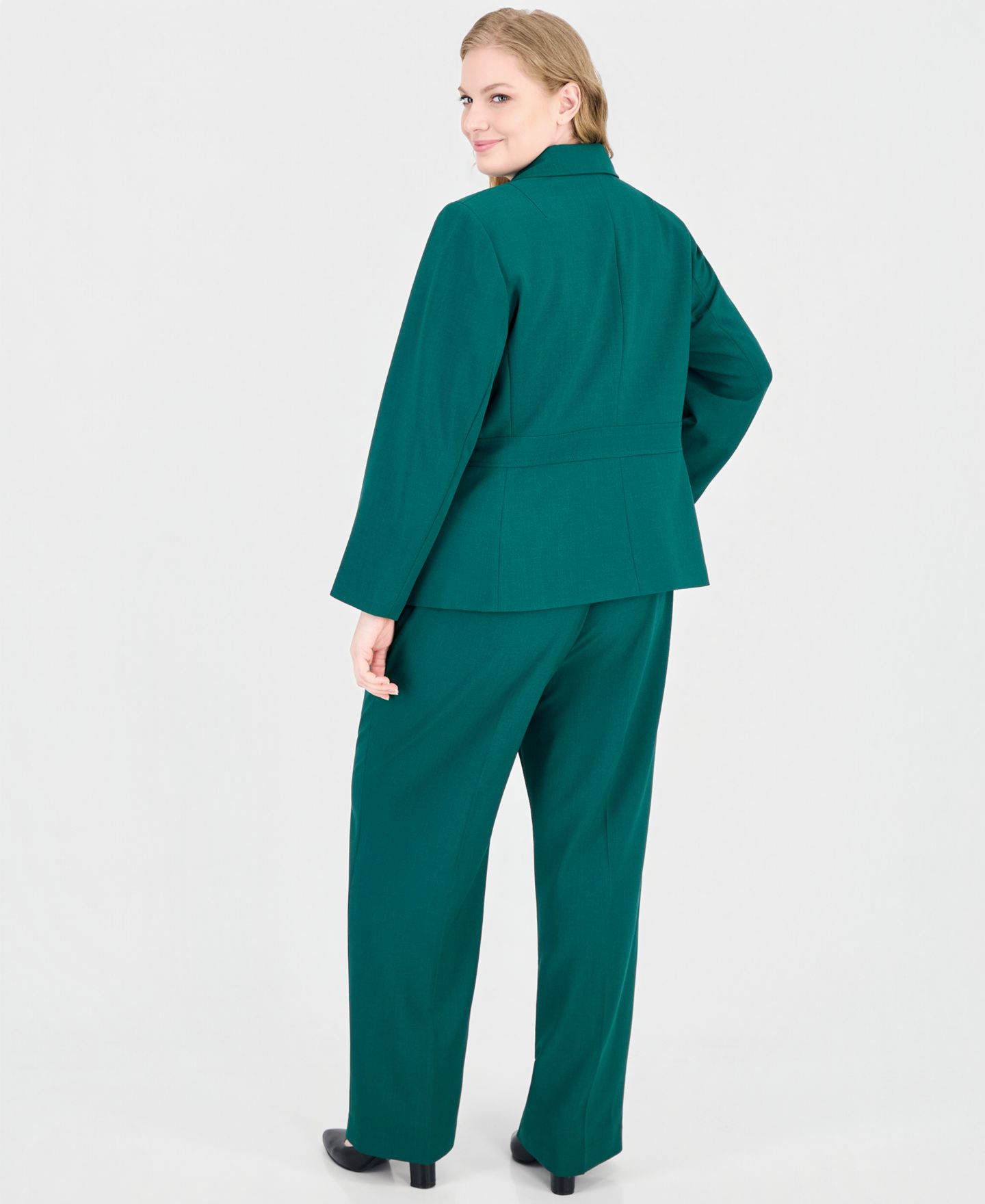 Le Suit Plus Notch-Collar Stretch Wide-Leg Jacket and Pants, 2-Piece Set, цвет: Изумрудный — фото 5