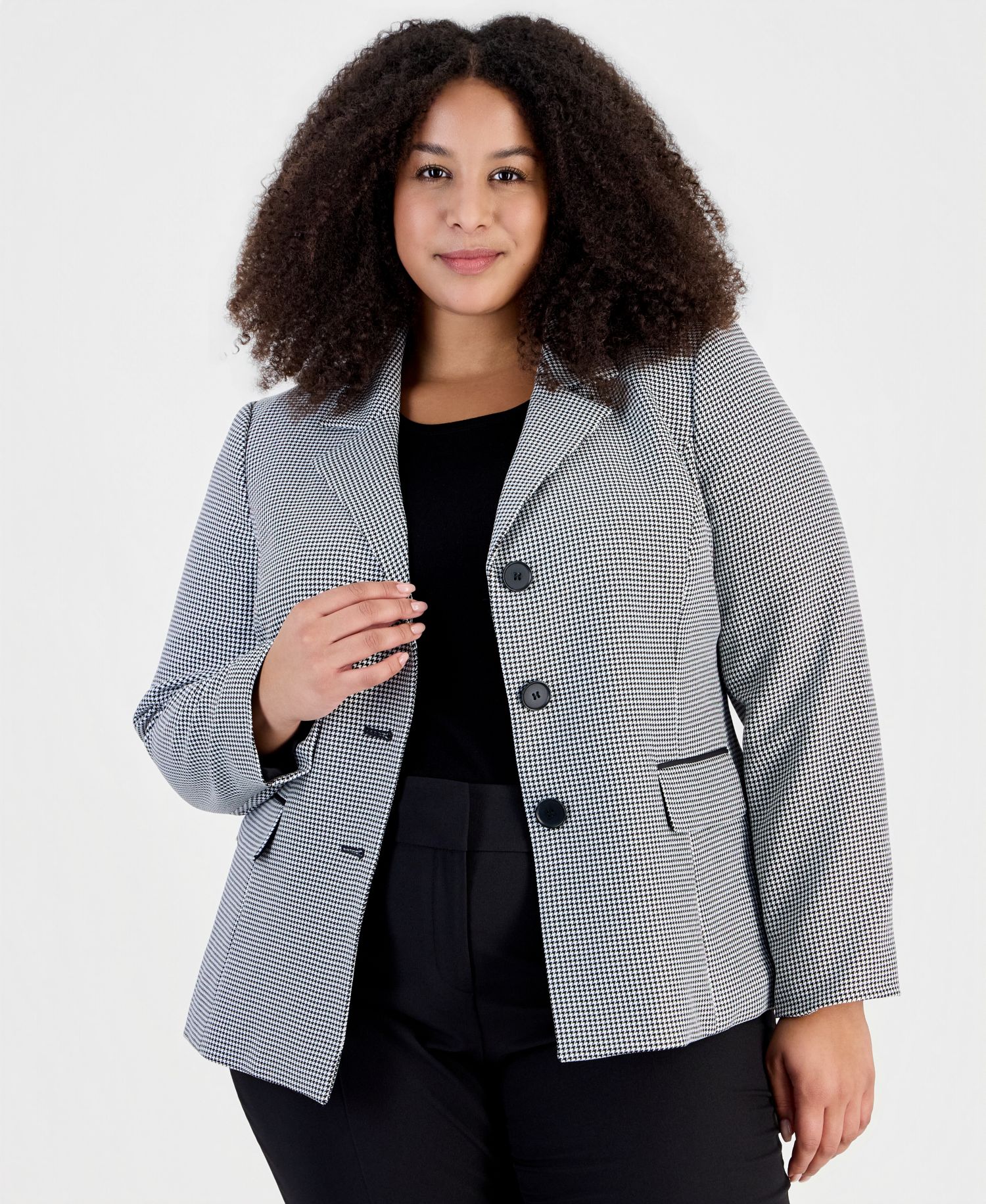 Plus Size Houndstooth Three-Button Slim-Fit Jacket and Pant, 2-Piece Set