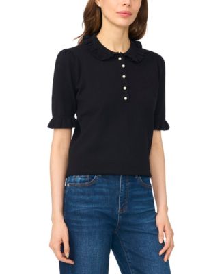 Women's Short-Sleeve Ruffle-Collar Ribbed-Knit Polo Sweater