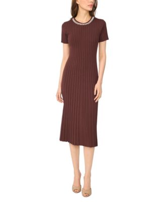 Women's Pearl Necklace Trim Crewneck Short-Sleeve Midi Sweater Dress