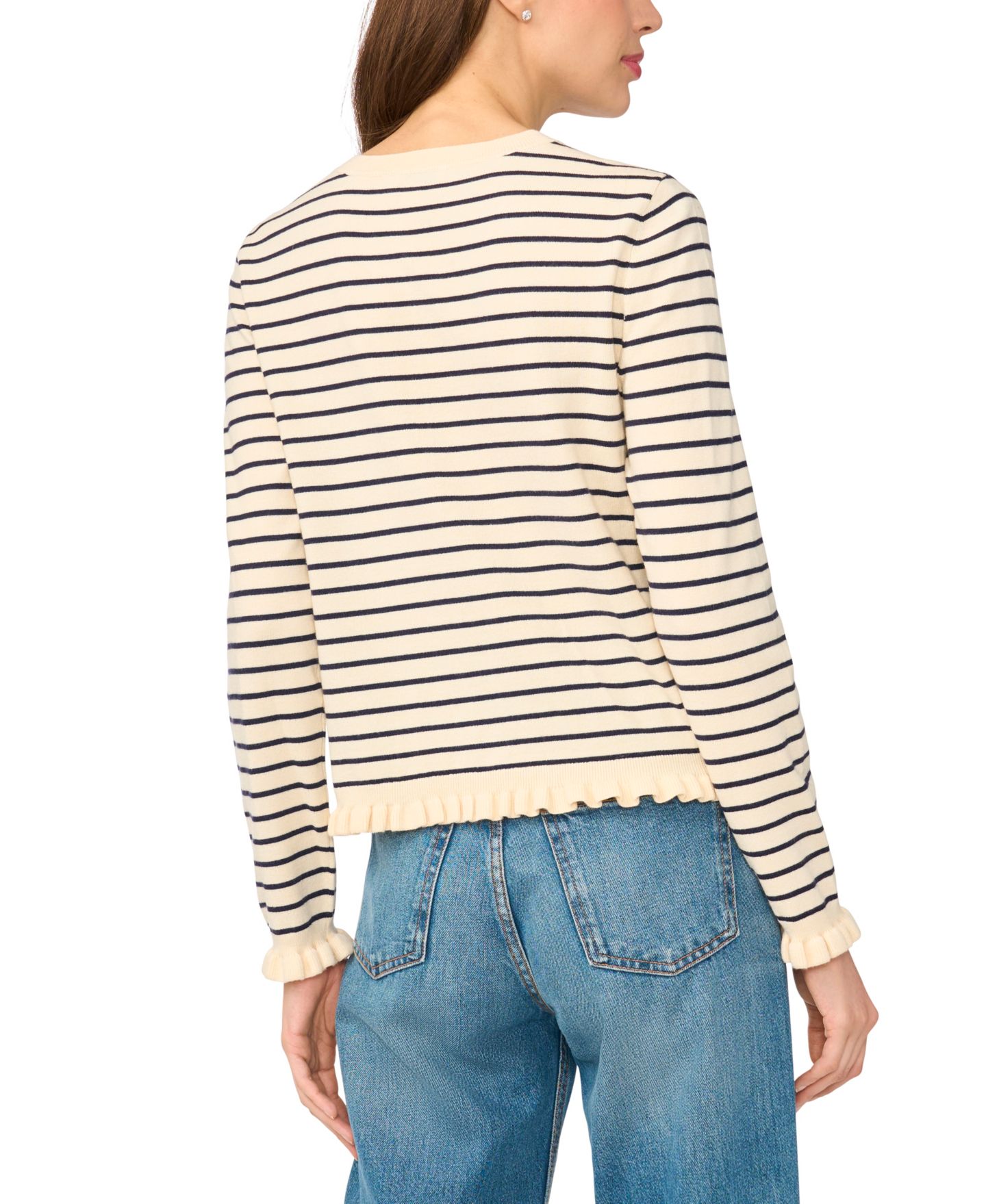 Женский кардиган CeCe Stripe Crew Neck Cardigan Sweater with Ruffle Trim, цвет: Ангора — фото 3