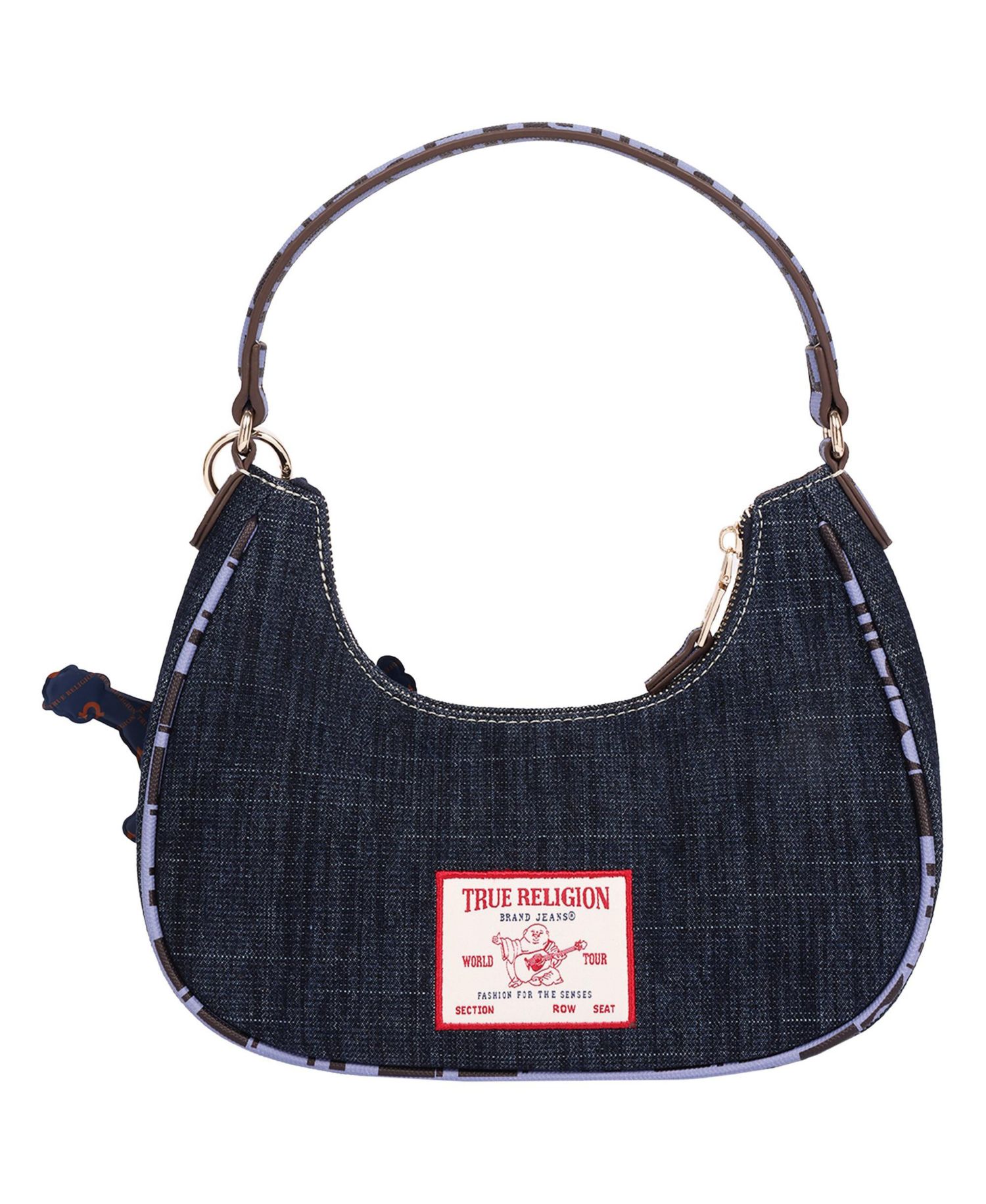 Graphic Trim Denim Hobo Bag with Buddha Charm