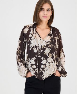 Women's Bow-Tie Neck Long-Sleeve Floral Blouse