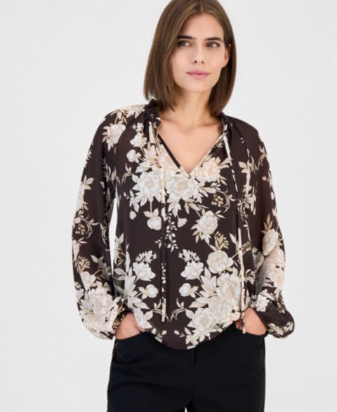 Женская блузка Tahari ASL Bow-Tie Neck Long-Sleeve Floral, цвет: Орех с принтом