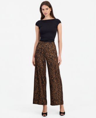 Women's Satin Wide-Leg Animal-Print Pants