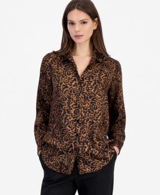 Women's Long-Sleeve Leopard-Print Button-Front Blouse