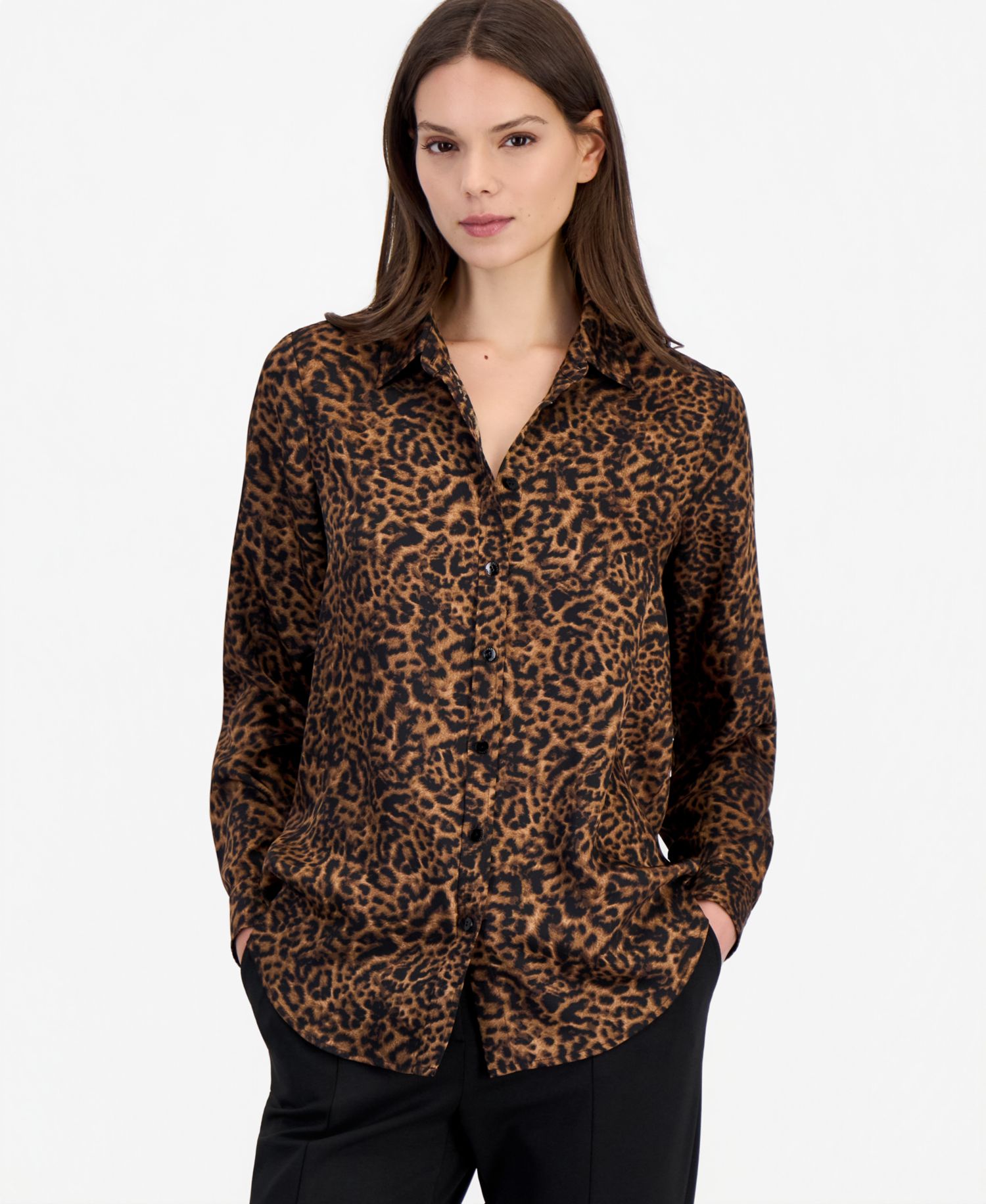 Women's Long-Sleeve Leopard-Print Button-Front Blouse