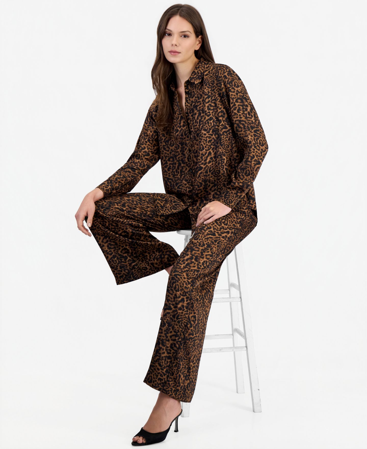 Женские комплекты Tahari ASL Animal-Print Blouse & Wide Leg Pants, цвет: Орех чёрный леопардовый — фото 3