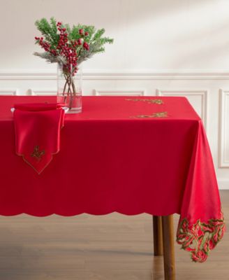 Holiday Embroidered Holly Cutwork Tablecloth, 60" x 102"