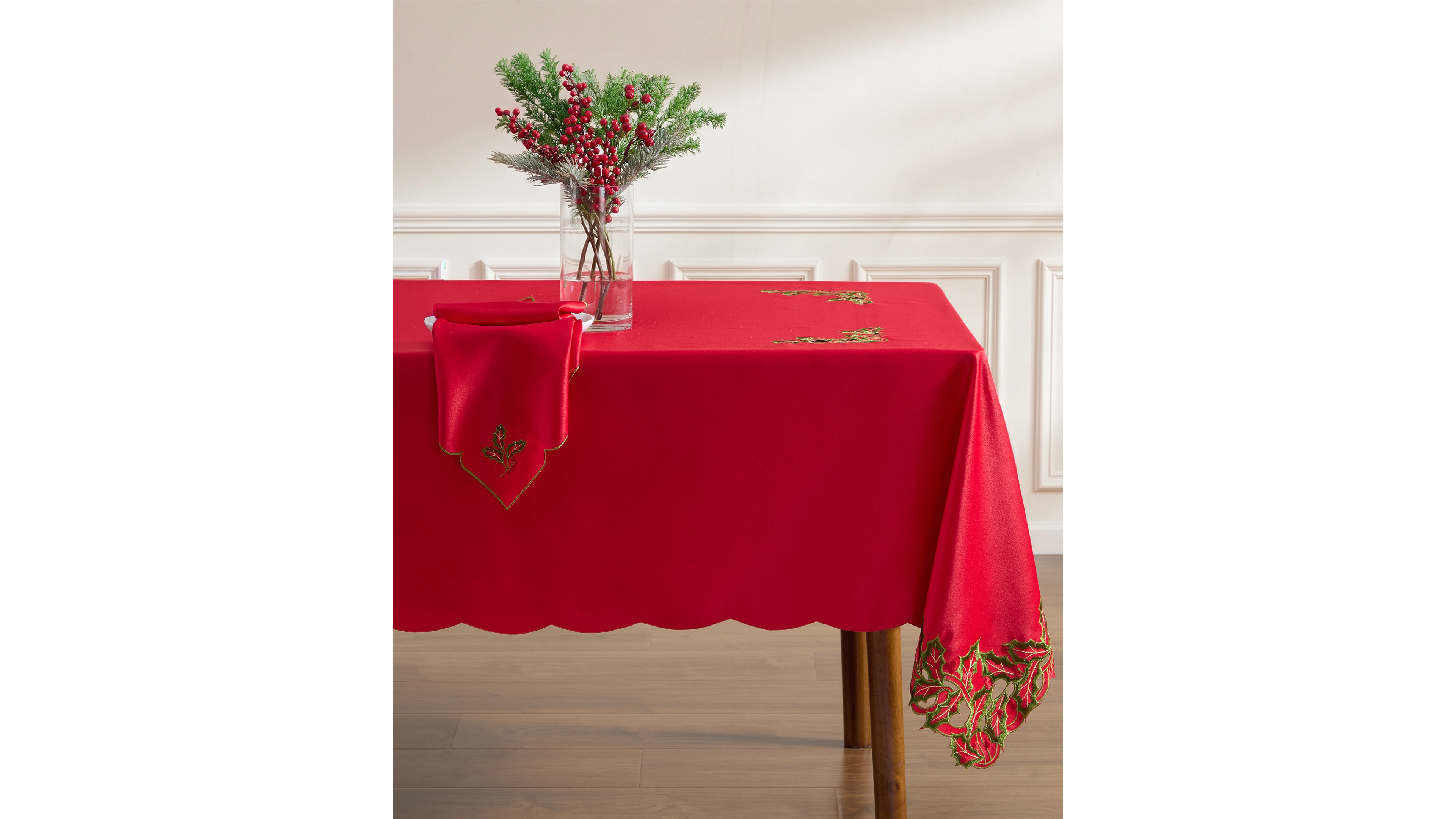 Lenox Holiday Embroidered Holly Cutwork Tablecloth, 60" x 102"