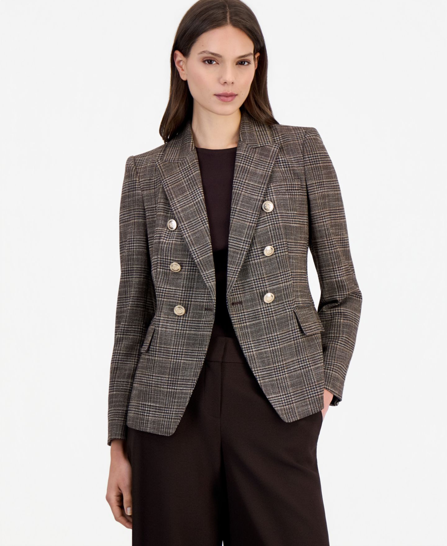 Женский пиджак Tahari ASL Plaid Double-Breasted Blazer, цвет: Тёмно-коричневая слоновая кость — фото 1
