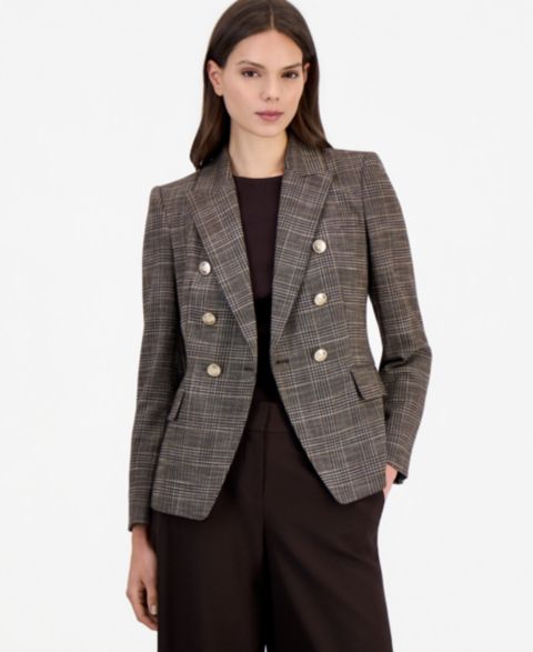 Женский пиджак Tahari ASL Plaid Double-Breasted Blazer, цвет: Тёмно-коричневая слоновая кость
