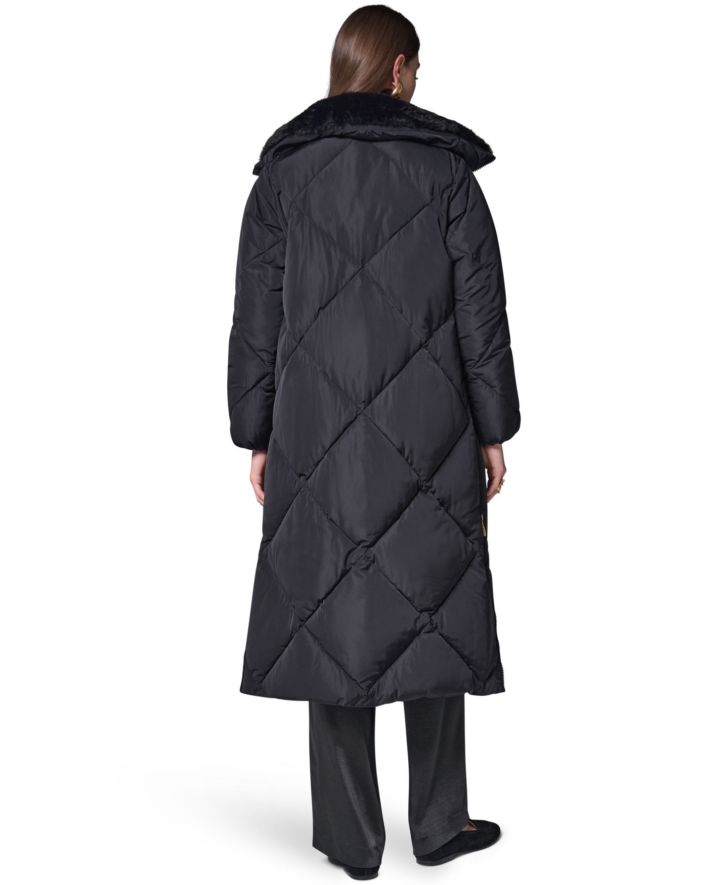 Женский стёганый пуховик миди Donna Karan New York с отделкой из искусственного меха, цвет: Чёрный — фото 2