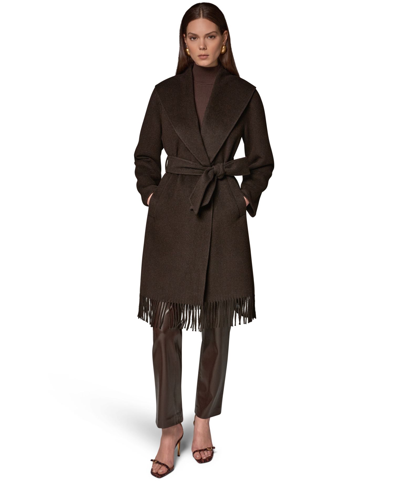 Women's Belted Fringe Wool-Blend Shawl-Collar Mid-Length Coat