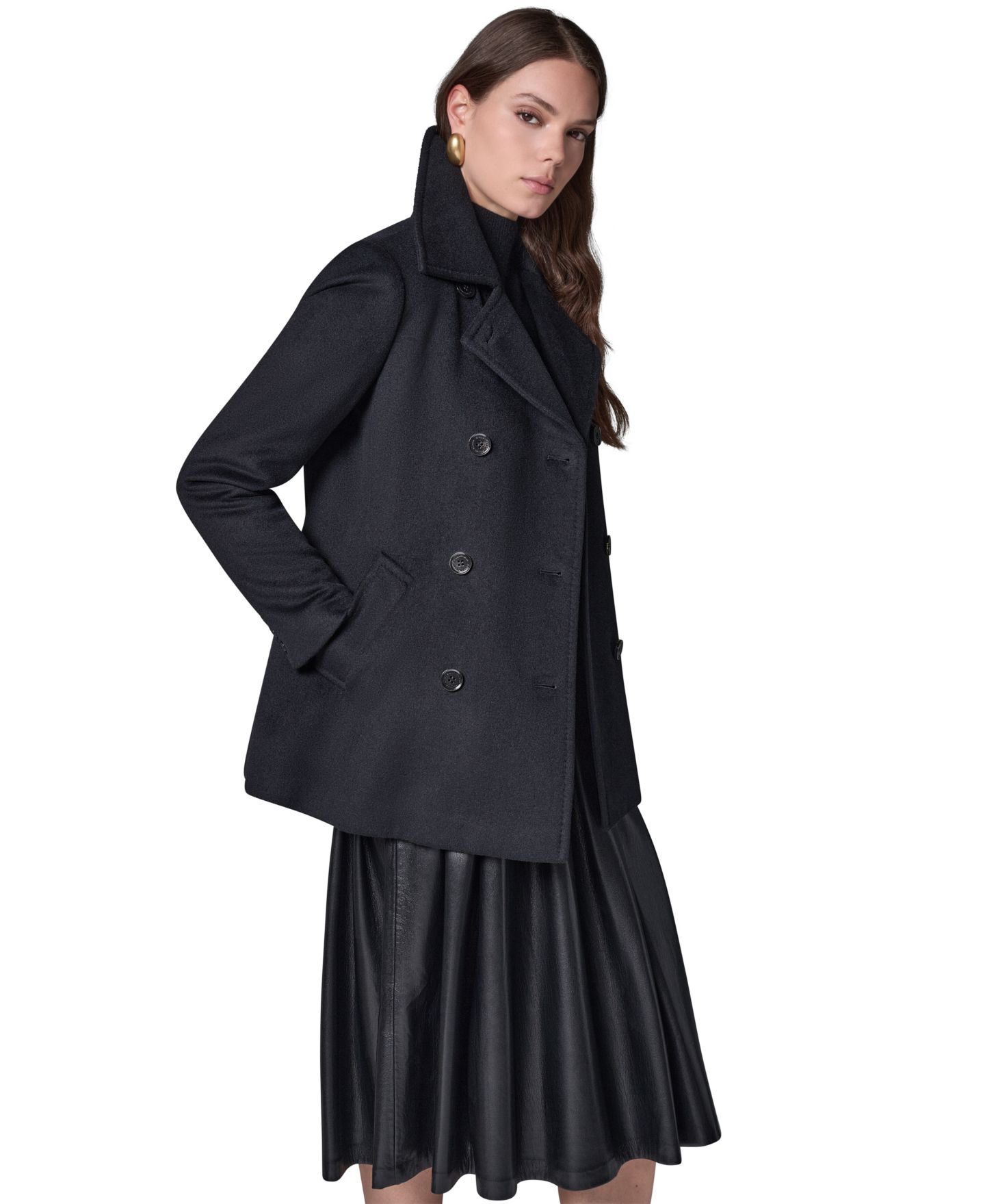 Женское короткое двубортное шерстяное пальто Donna Karan New York, цвет: Чёрный — фото 3