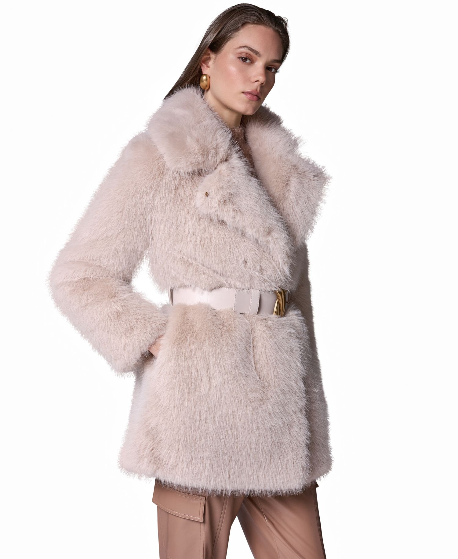 Womens Belted Collared Faux Fur Coat