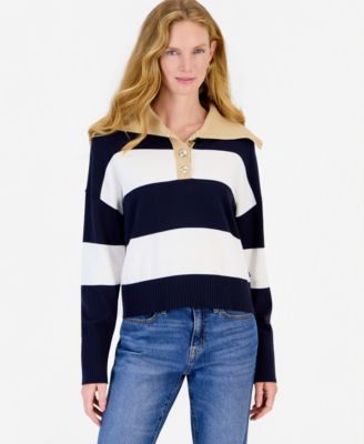 Women's Shawl Collar Striped Button-Front Cotton-Blend Sweater