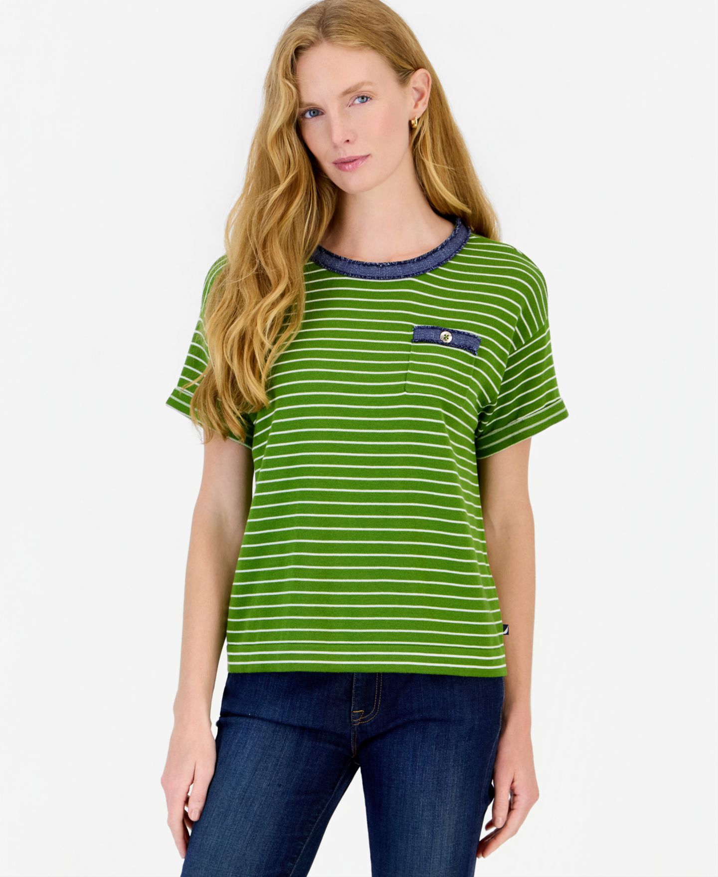 Женский свитер Nautica Short-Sleeve Striped Denim-Trim Cotton-Acrylic Blend, цвет: Яркий белый — фото 1