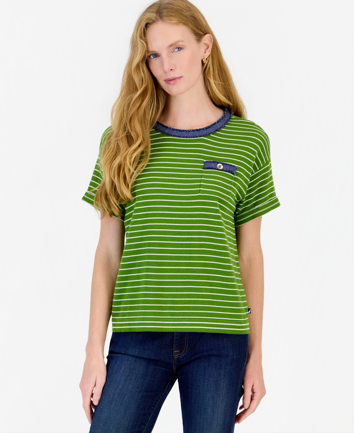 Nautica Women's Short-Sleeve Striped Denim-Trim Cotton-Acrylic Blend Sweater - Matcha/bright White