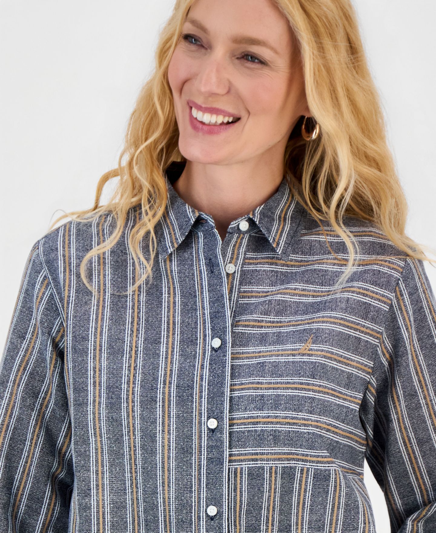 Женская рубашка Nautica Long-Sleeve Linen-Blend Striped, цвет: Небесно-голубой разноцветный — фото 3