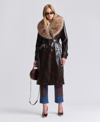 Women's Double-Breasted Detachable Faux Fur Shawl Collar Trench Coat