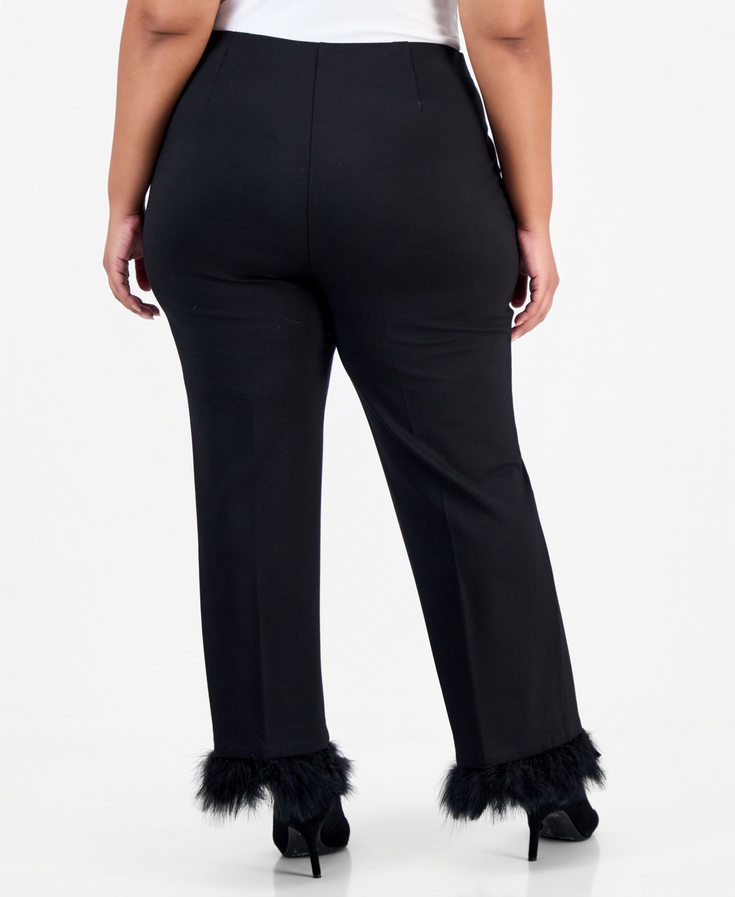 Plus Size Hollywood Waist High-Rise Pull-On Feather-Trim Pants