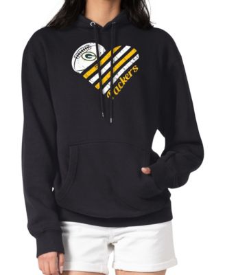 Women's Black Green Bay Packers Heart Graphic Fleece Pullover Hoodie