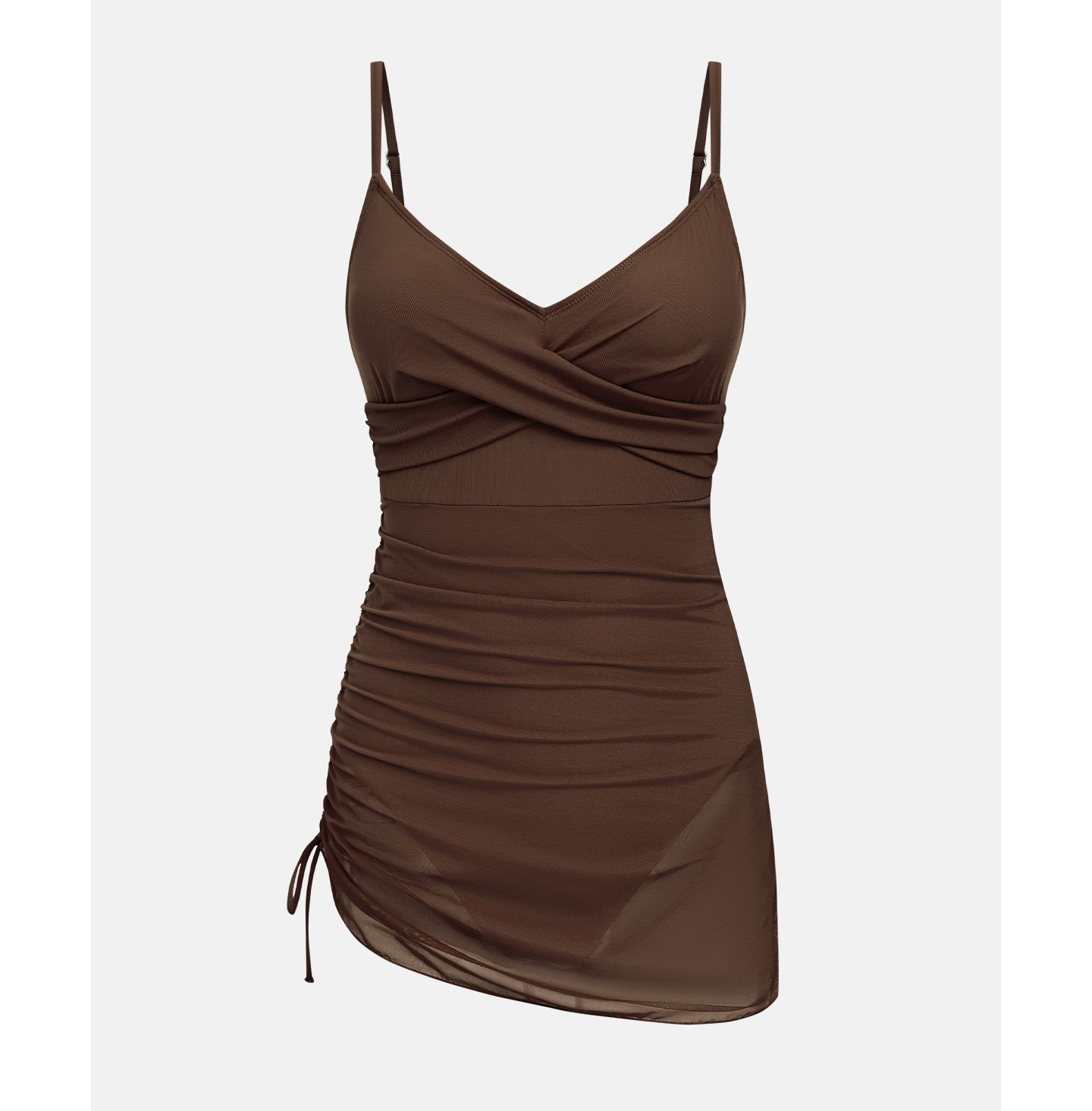 Женское платье Cupshe V-Neck Mesh Ruched Swim Dress, цвет: Чёрный — фото 4