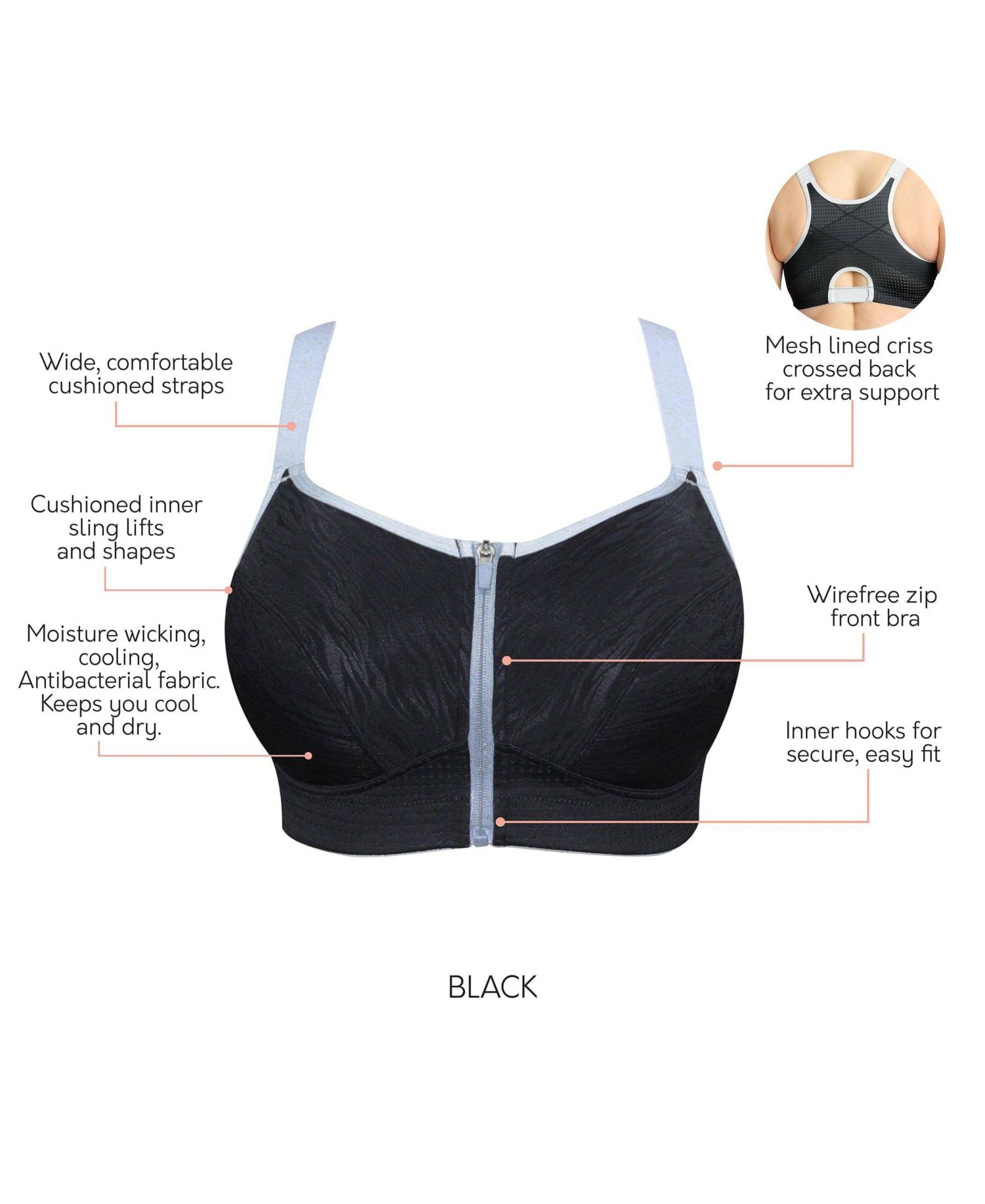 Plus Size Wave Wire-free Zip Front Sports Bra